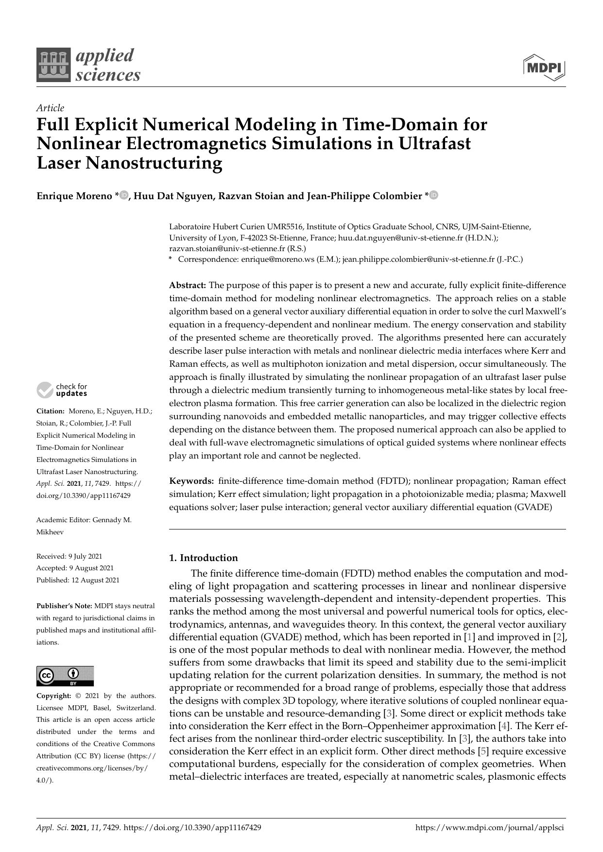 Numerical Modeling in Nonlinear Electromagnetics for Ultrafast Laser Nanostructuring